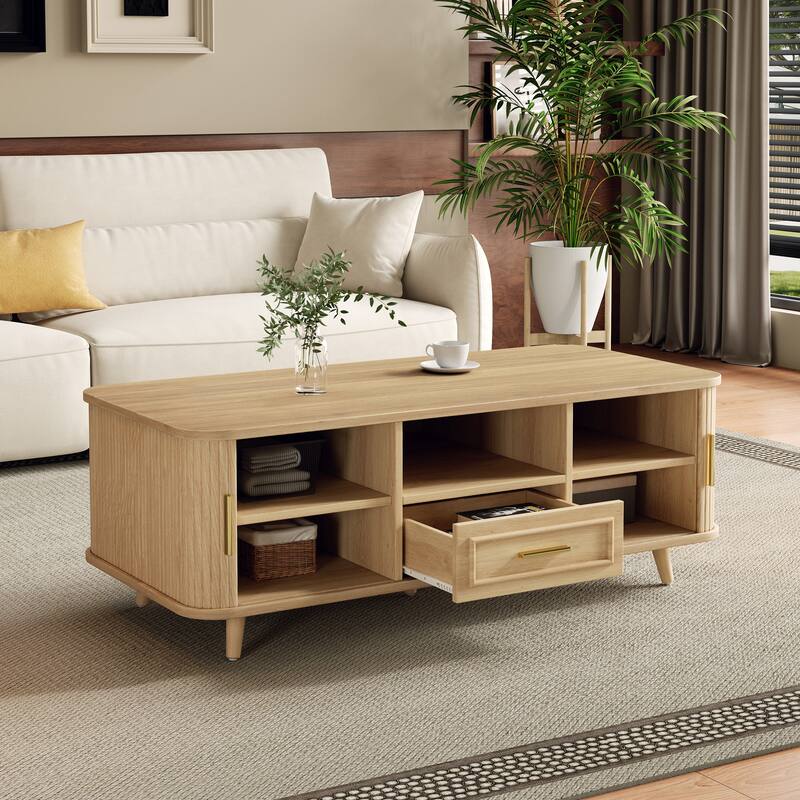 Christopher Knight Home - Arlo Mid-Century Modern Coffee Table with Tambour Doors and 6-Compartment Storage Drawer