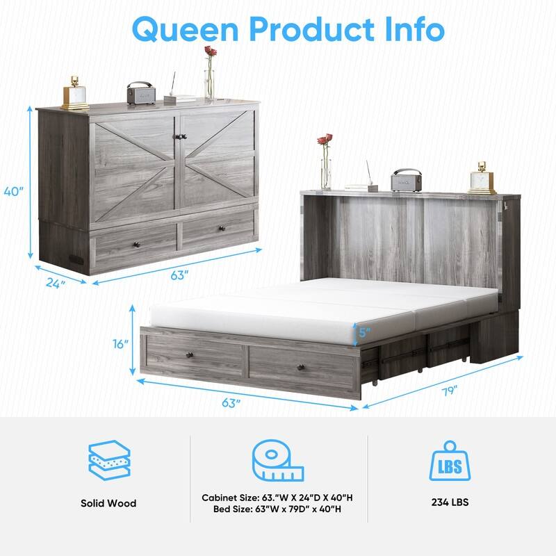 Mixoy Modern Full/Queen Size Murphy Bed Chest with Mattress and Storage