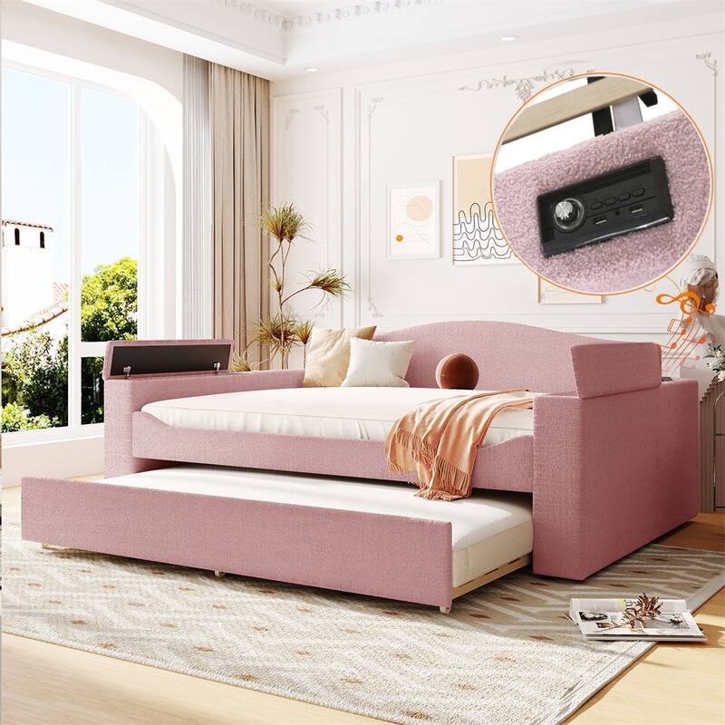 Full Size Upholstered Daybed w/ Integrated Bluetooth Audio System - Pink