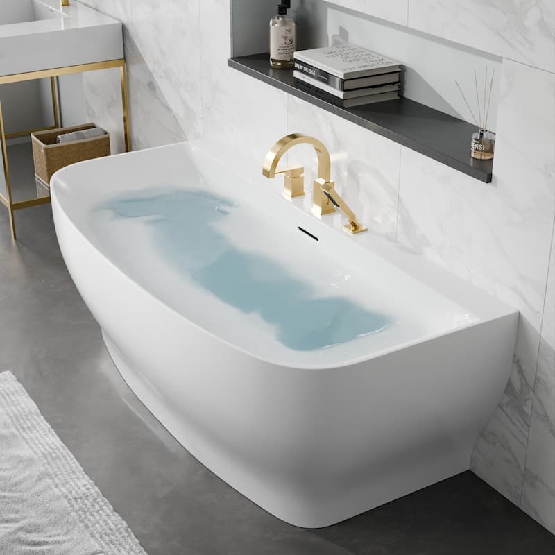 Bank Series 65 in. x 31 in. Flat Bottom Acrylic Freestanding Soaking Bathtub with Center Drain, Brushed Gold Faucet