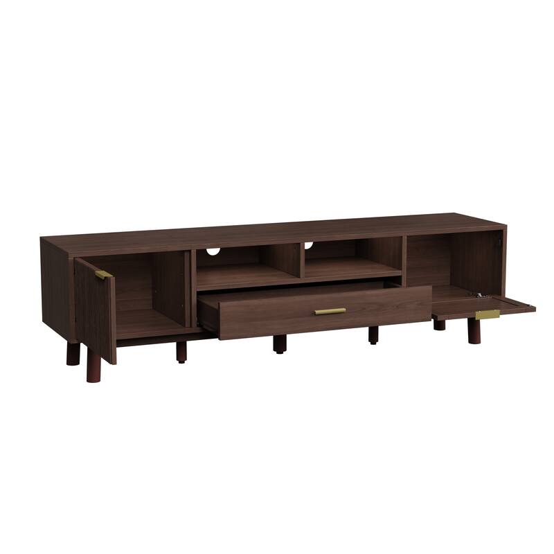 Wood TV Stand for 75" TVs, Rattan Cabinet TV Cabinet with Soft-Closing Door & Drop-Down Door for Living Room, Solid Wood Legs