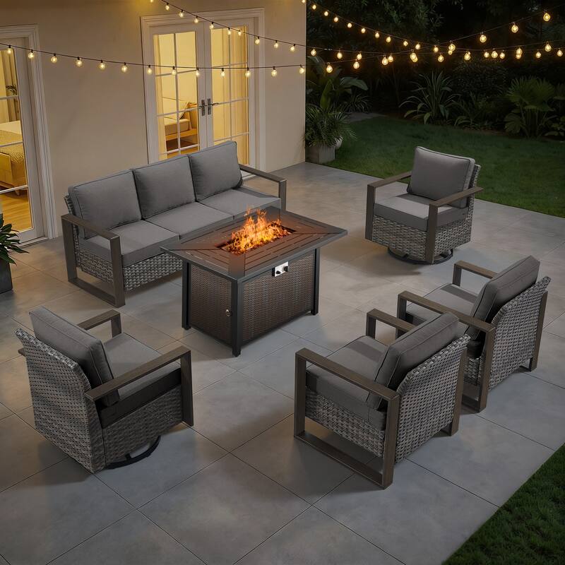 Meyreso Wicker Outdoor Patio Metal Fire Pit Set with Swivel Gliders and Olefin Cushions - Gray / Gray Cushions - 6-Piece