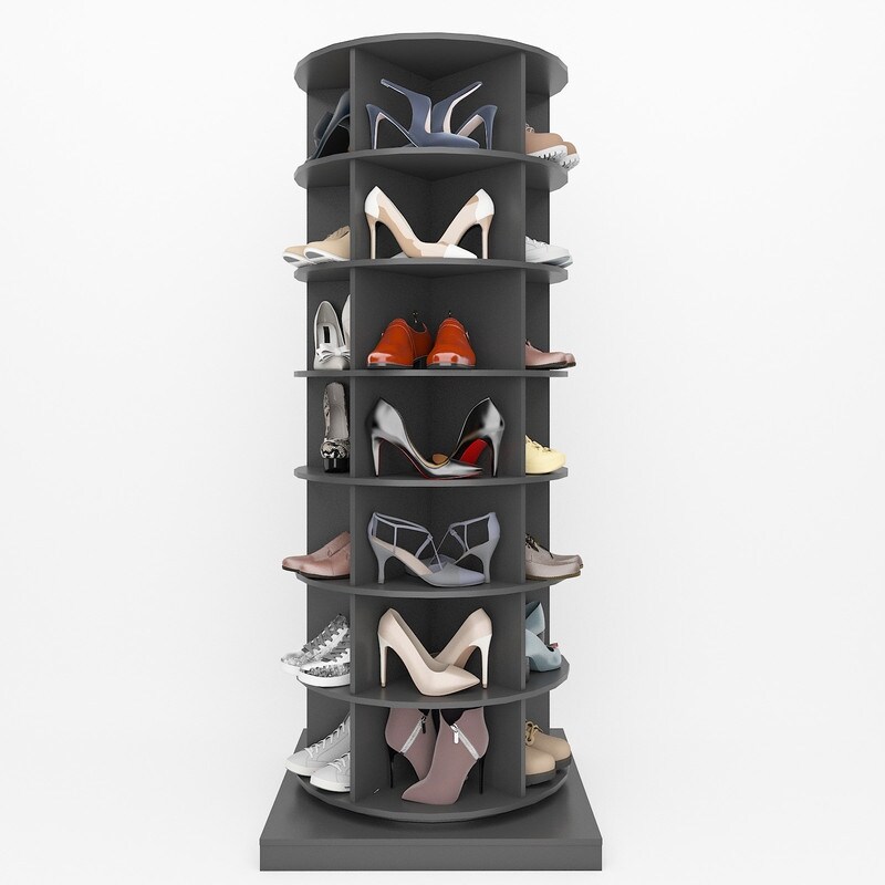a corner shoe cabinet with shoes and bag shelves that are rotating to give  you evne more stora…