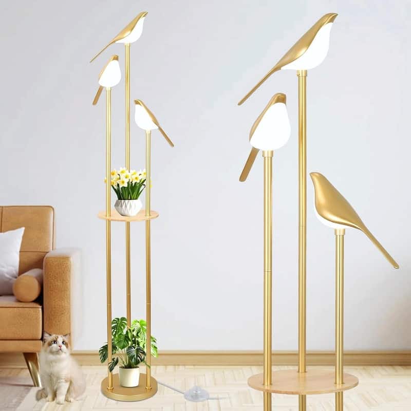 Gold Modern Floor Lamp with Shelves - Mid-Century Standing Lamp with 3 Adjustable LED Bird Lights - Gold