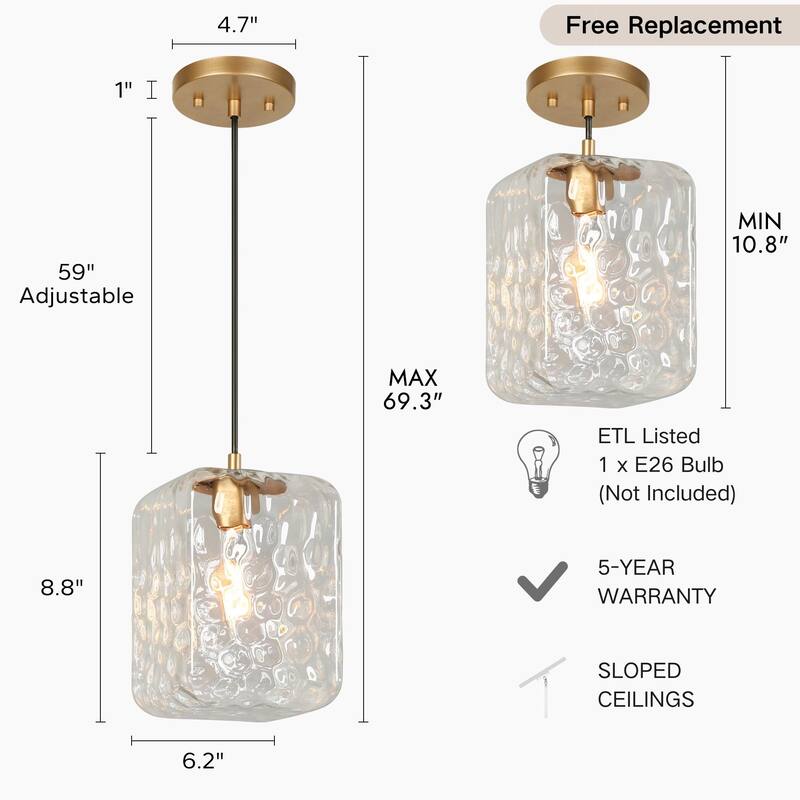 Modern 1-Light Stain Gold Textured Glass Pendant Light Fixture Rectangular Shade Kitchen Island Light for Dining Room