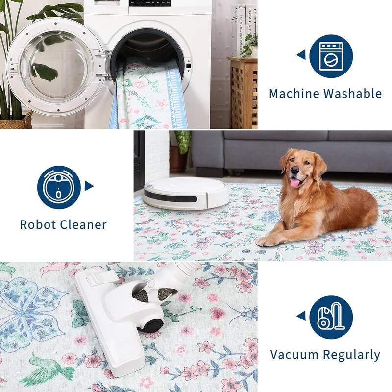 Modern Floral Machine Washable Indoor Waterproof Area Rug for Bedroom, Living Room, Blue - 2' x 3'