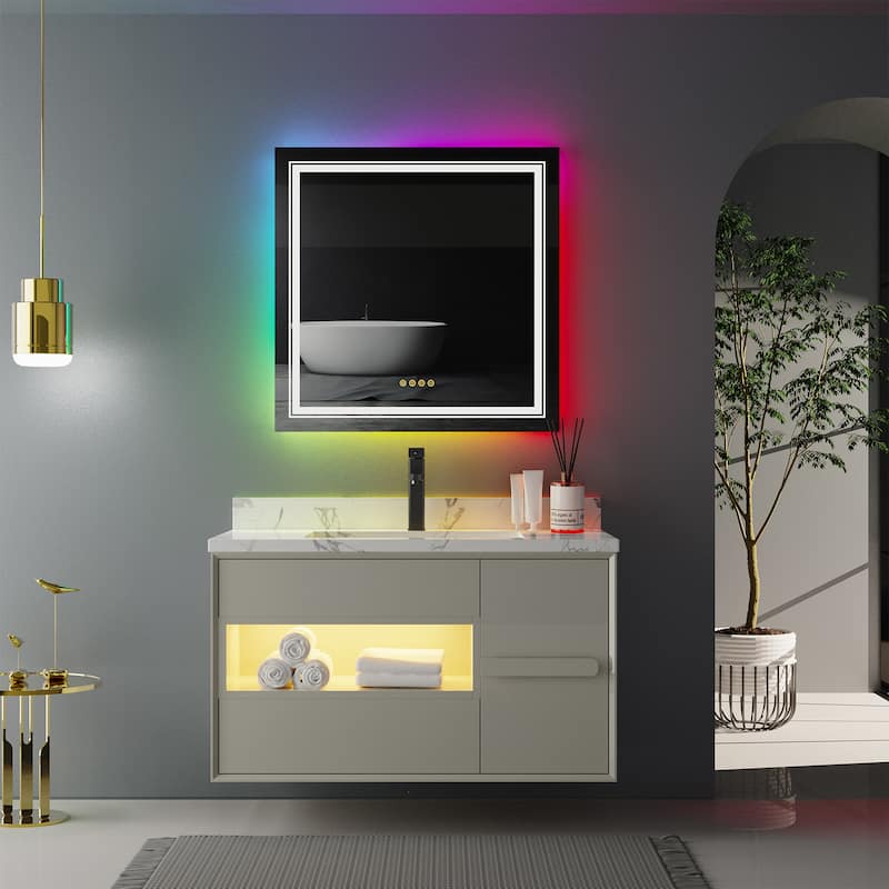 Square RGB Colorful LED Lighted Bathroom Mirror Fogless - 32" x 32"