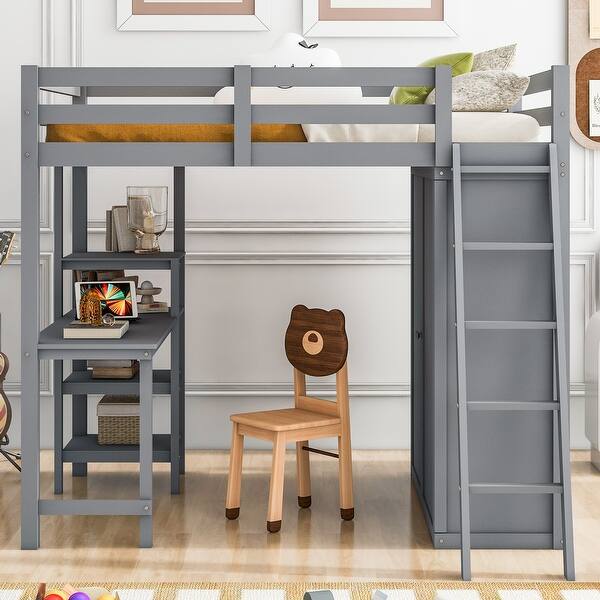 slide 2 of 26, Multifunctional Design Loft Bed with Ladder, Guardrails, Wardrobe, Desk and Shelves, Full Size Grey