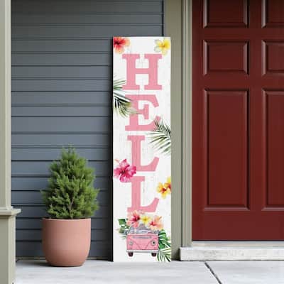 HomeRoots 36" Pink And White Solid Wood Tropical Floral Hello Porch Sign