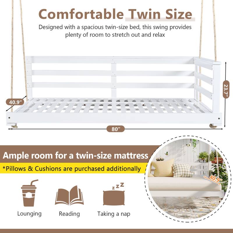 Patio Wooden Twin Size Swing Daybed Porch Swing Frame With Hemp Ropes (Excluding the table)