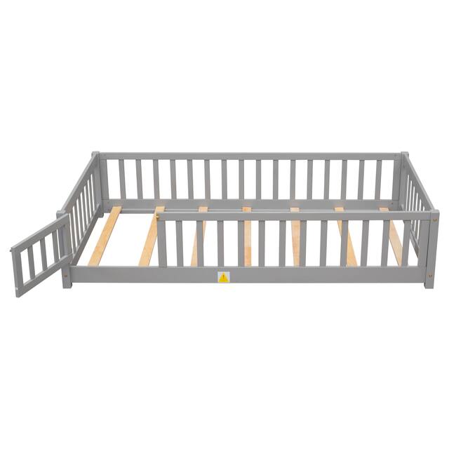 Twin/Full/Queen size Floor Platform Bed with Fence and Door for Kids, Toddlers