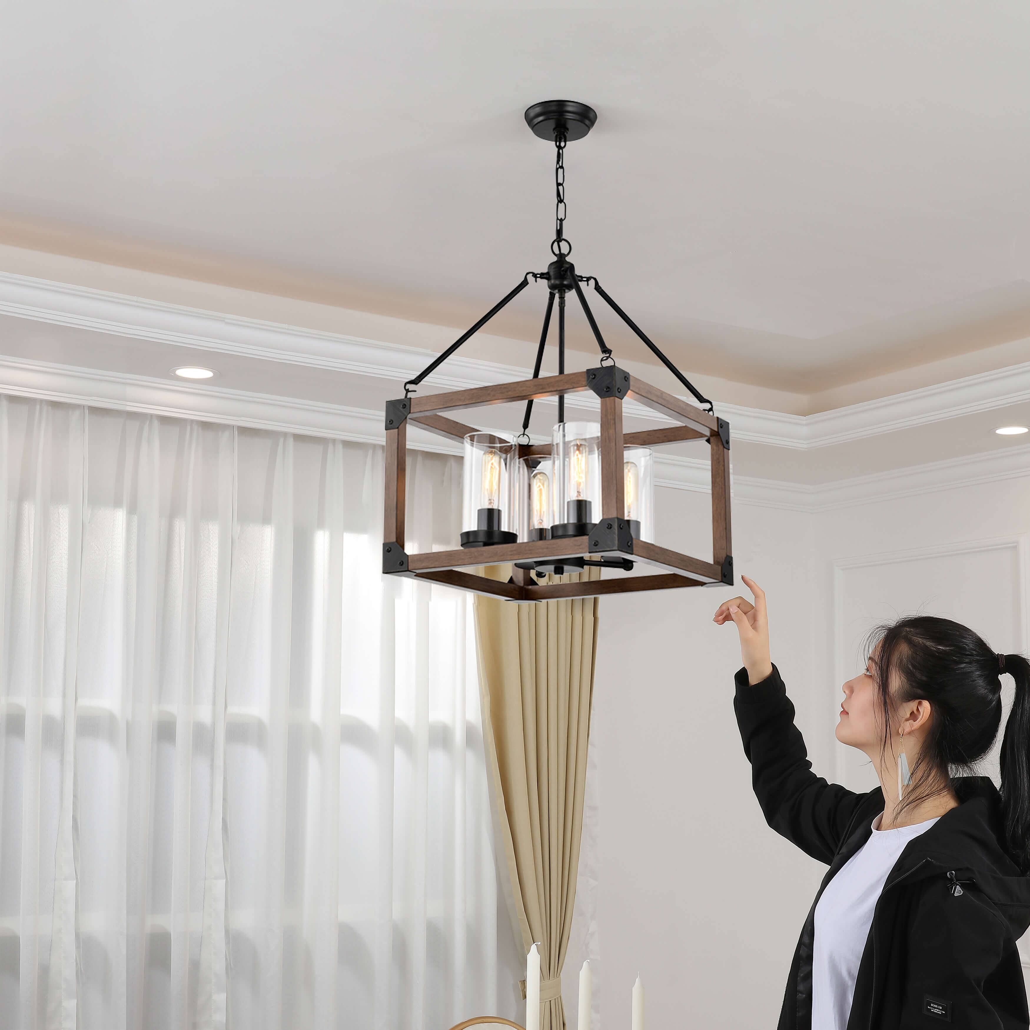 Daniela 4light Antique Black Wooden Cage Glass Cylinders Cage Pendant