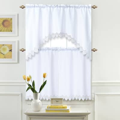 Home Décor Drapery Rod Pocket Lace Embroidered Kitchen Window Curtain Swag Valance and Tier Panel Set, White Floral