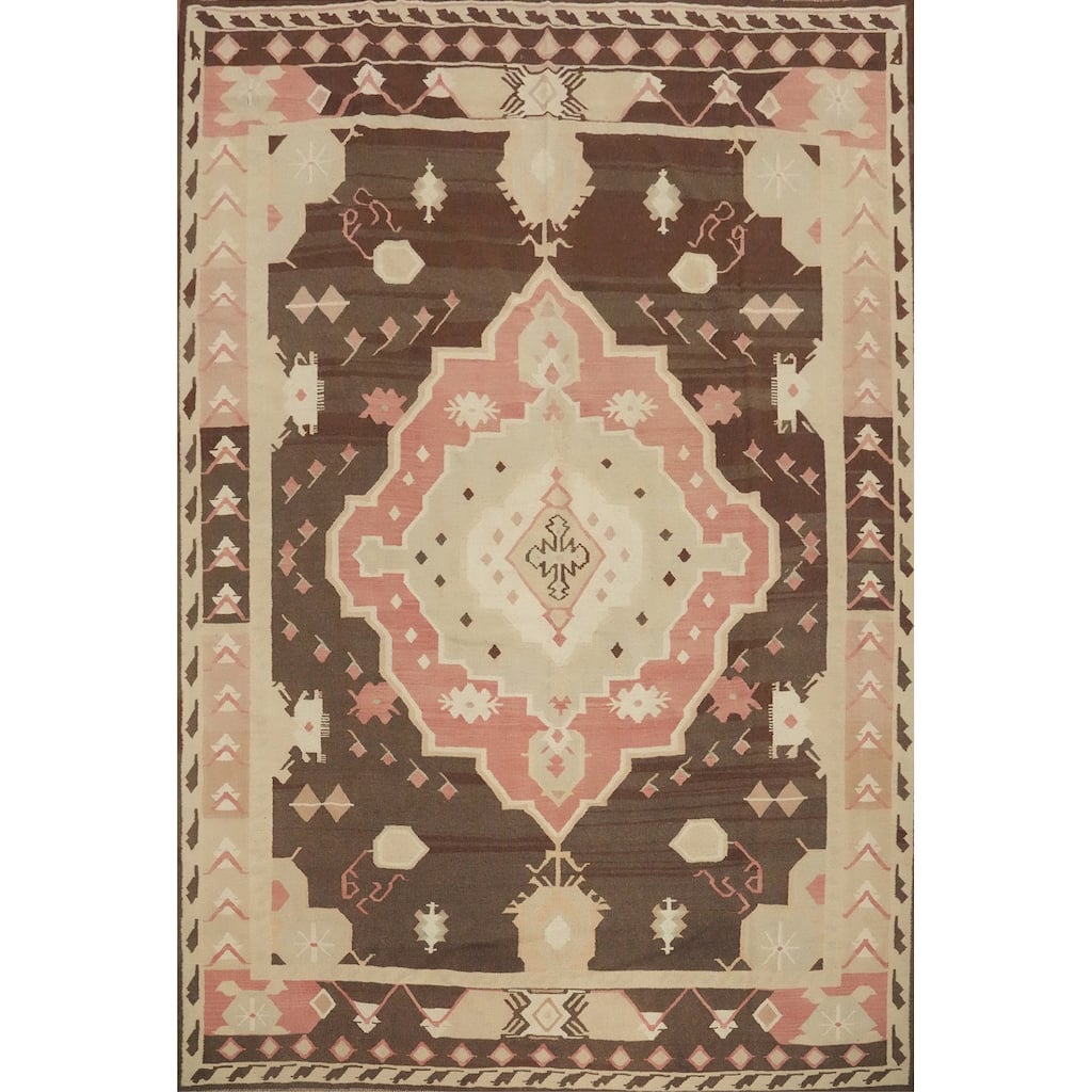 Hand Woven Oriental 100% Wool Carpet Southwestern Tribal Brown Kilim Area Rug - 11' 5'' X 9' 8''