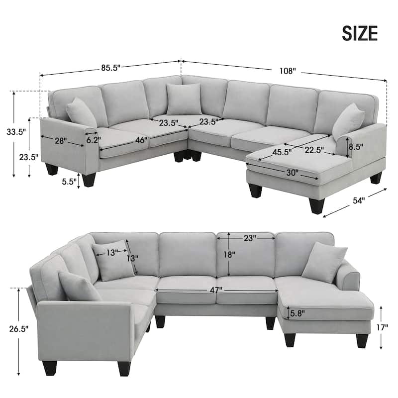 Grey 108" Modern U-Shaped 7-Seater Sofa Set with Pillows