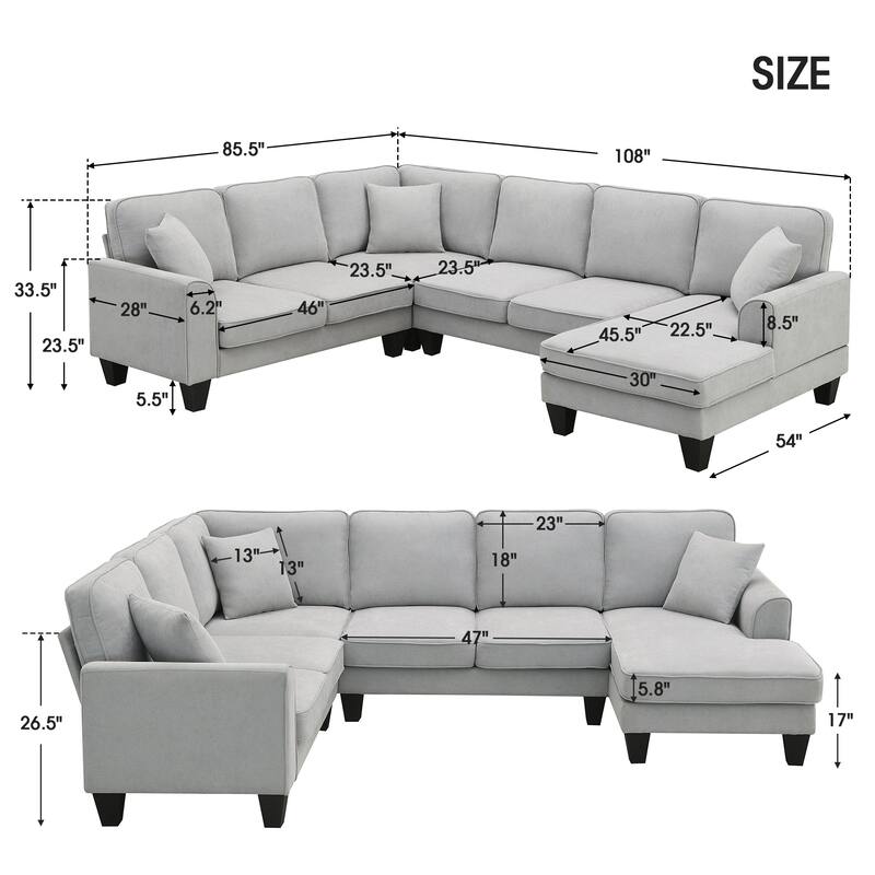 Grey 108'' Spacious U-Shaped 7 Seater Sectional Sofa Set with 3 Pillows and Chaise Ideal for Living Room, Apartment
