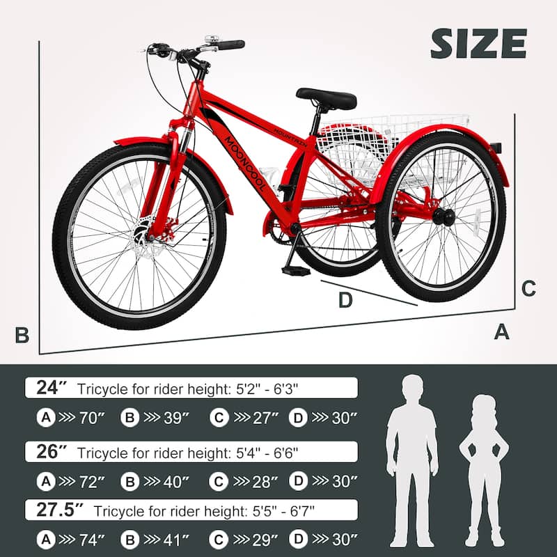 DoCred Mountain Tricycle 7 Speed 3 Wheel Bike with Basket
