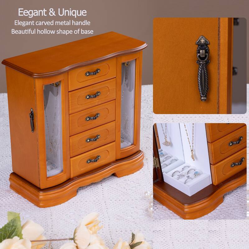Classic vintage Jewelry Boxes for Women, 5 Layer Drawer Wood Jewelry Boxes and built-in Hooks and Attached Mirror