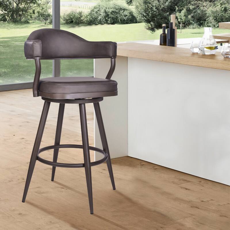 Brown Faux Leather Counter Height Swivel Bar Chair with Arms and Footrest - 23” x 22” x 37.5” (D x W x H)