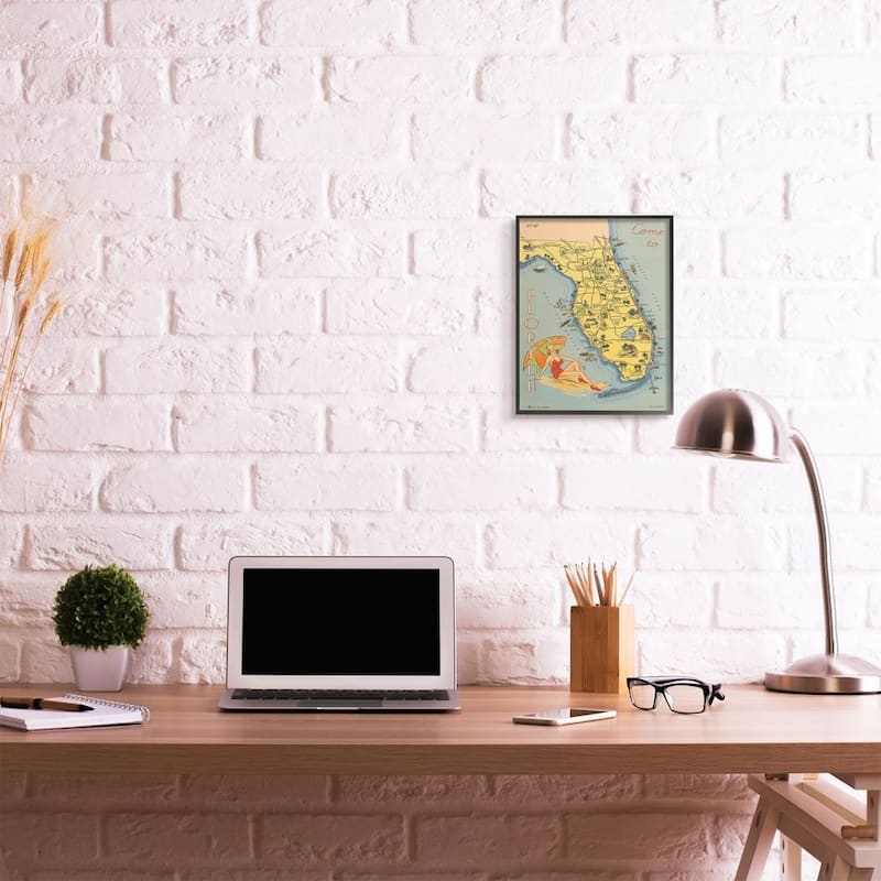Stupell Antique Florida Map Retro Beach Girl Postcard Print Framed Wall Art