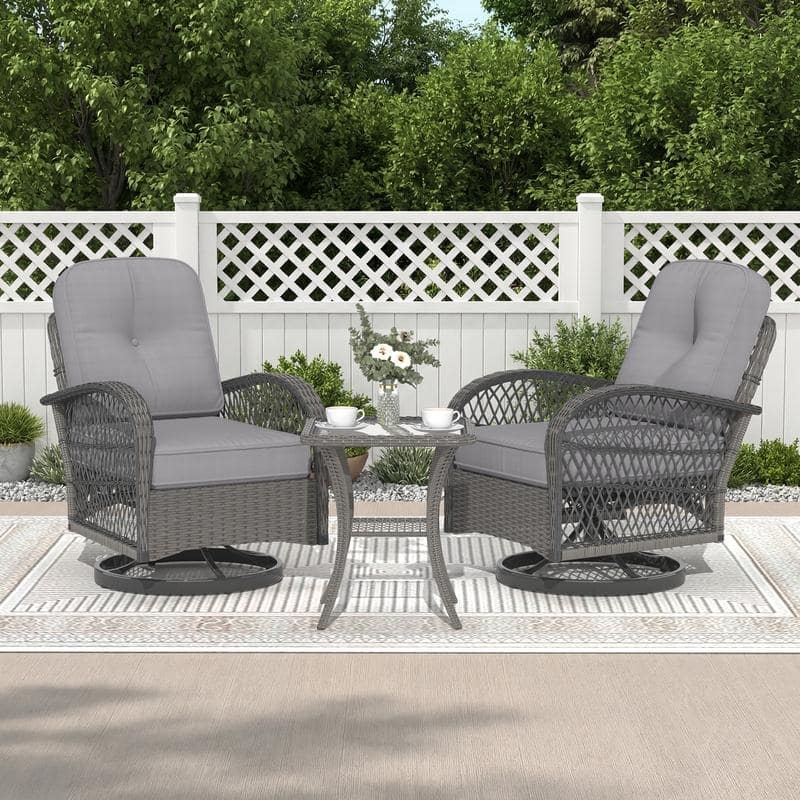 Outdoor Swivel Rocker Bistro Set - 3 Piece Wicker Patio Set with Swivel Rocking Chairs, Cushions, and Tempered Glass Side Table - Grey