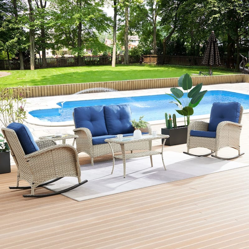 Gymojoy Outdoor Wicker Patio Furniture Loveseat and Chair Set - 5-Piece - Loveseat & Rocking Chairs - Light Gray Wicker / Blue Cusion