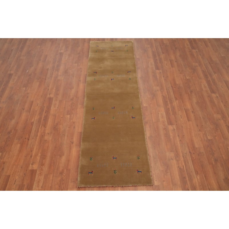 Hand Knotted Oriental 100% Wool Carpet Tribal Animal Pictorial Brown Gabbeh Runner Rug - 8' 1'' X 2' 5''