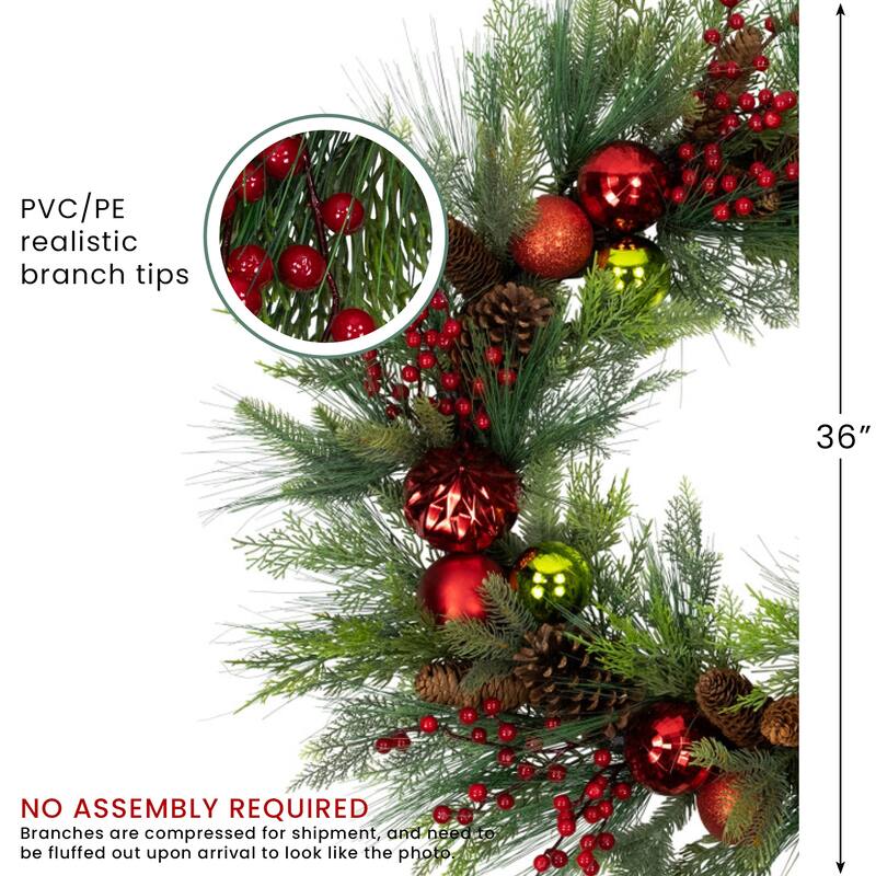 Berries Pinecones Ornaments Artificial Christmas Wreath 36" Unlit