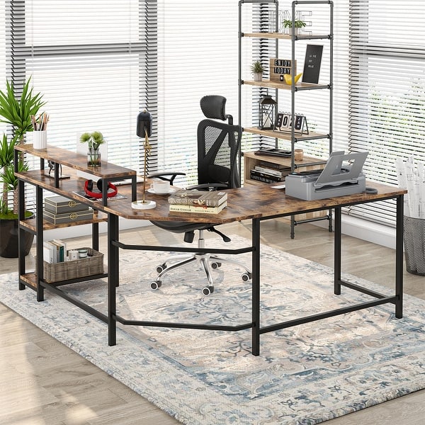 slide 1 of 15, L-Shaped Computer Desk with Large Monitor Stand, Writing Workstation Corner Study Desk