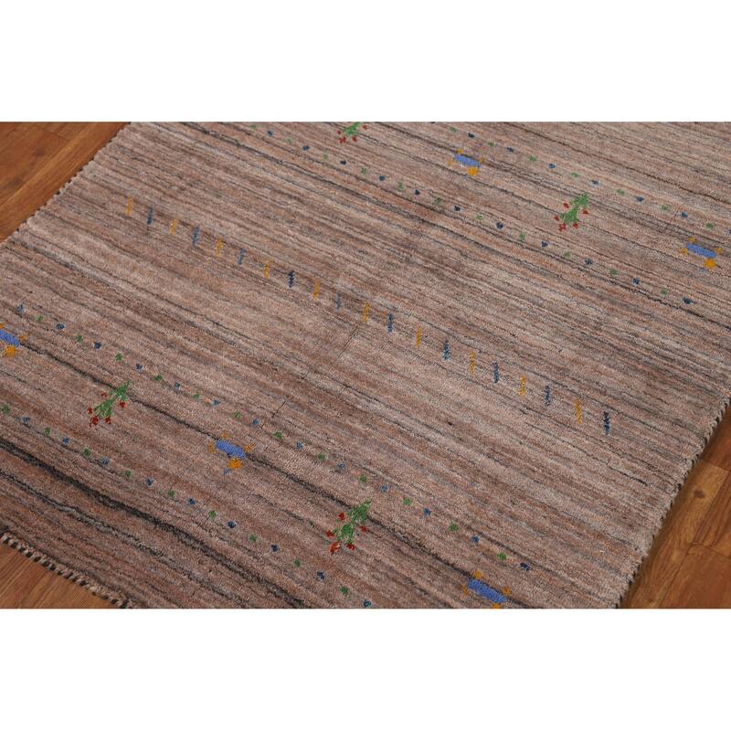 Hand Knotted Oriental 100% Wool Carpet Tribal Stripe Brown Gabbeh Area Rug - 4' 10'' X 3' 0''