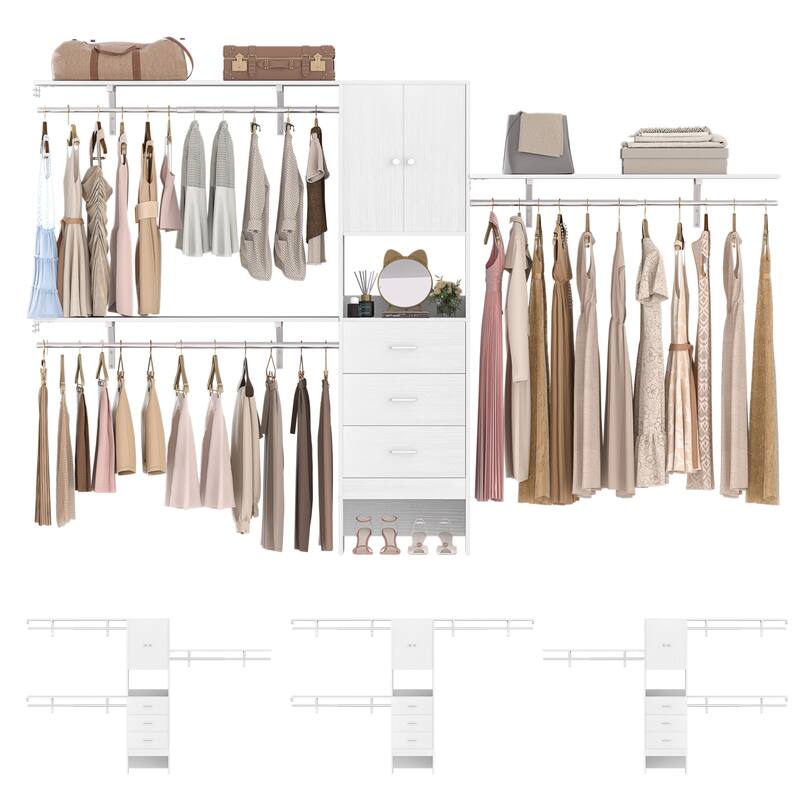 Rackcog 20.3'' - 120'' Large Closet Organizer with Doors, Closet System with Drawers and Hanging Rods (can be cut to fit)