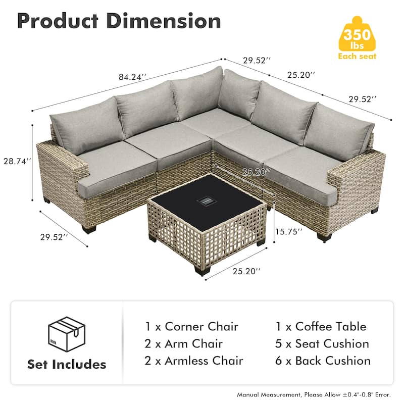 XIZZI 6-Piece Outdoor Wicker Patio Furniture Set with Coffee Table