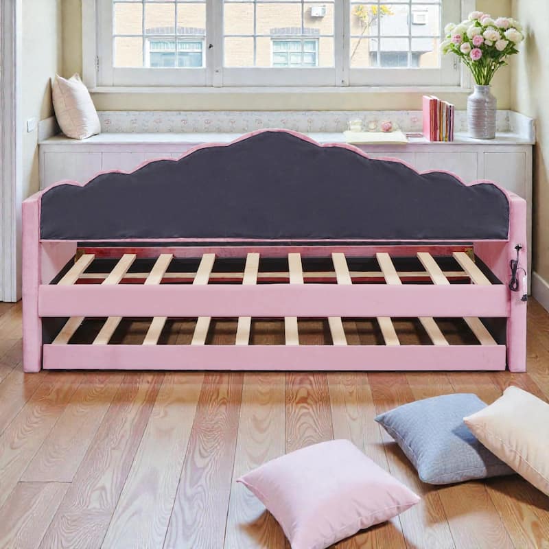 Twin Size Velvet Upholstered Daybed with Trundle, USB Charging Ports, Side Pockets, No Box Spring Required