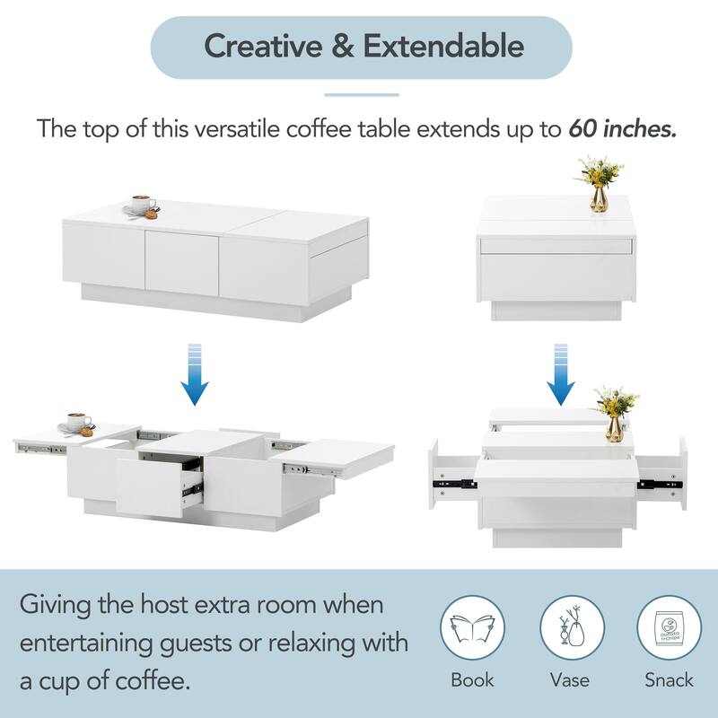 Modern Stylish Coffee Table Extendable Coffee Table with 2 Large Storage Compartments 2 Drawers, for Living Room