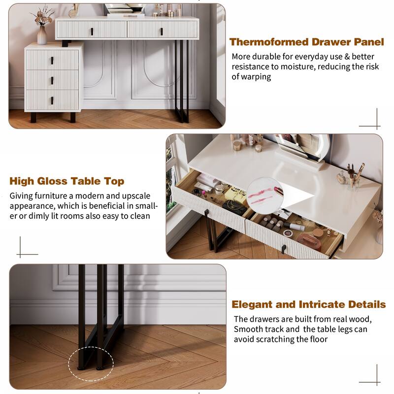 Adjustable-Length Vanity with Cloud LED Mirror - Modern Makeup Table with Storage Drawers & Side Cabinet, Ribbed Texture Design