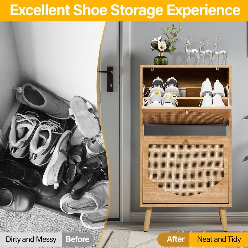 Rattan Shoe Cabinet with 2 / 4 Flip Drawers, Narrow Shoe Storage Cabinet,Organizer for Entryway, Bedroom, Living Room