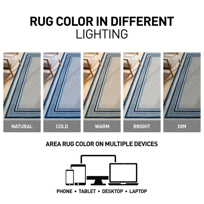 World Rug Gallery Indoor/Outdoor High-Low Textured Area Rug, Coastal Border Easy-Clean Patio Rug