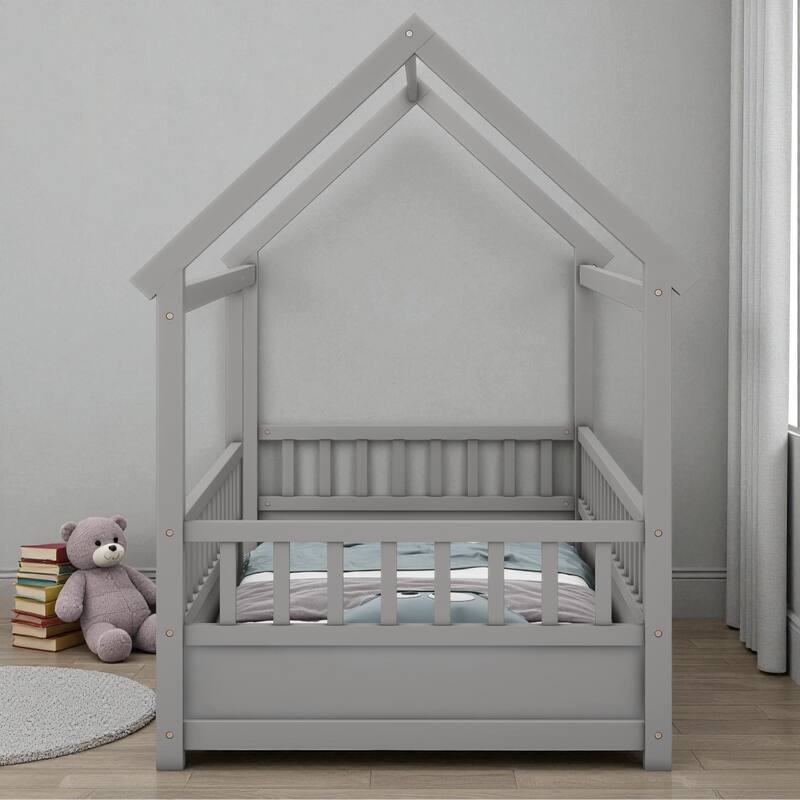 Twin/Full Wooden House Frame Floor Bed with Fence Guardrails, Montessori Style Kids Bed, Pine Wood Low Profile Design