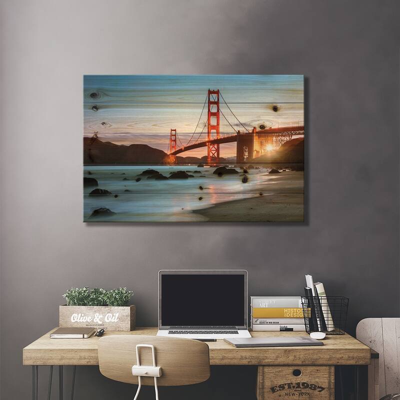 Dawn At The Golden Gate Print On Wood by Matteo Colombo - Multi-Color