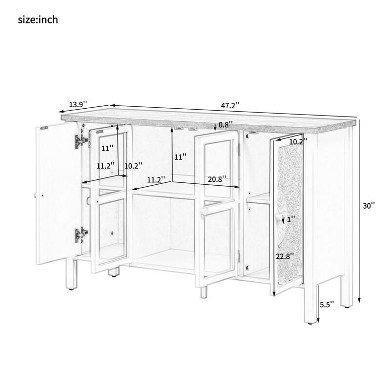 47.2" Retro TV Stand for TVs up to 43 Inches, Media Console with Glass Cabinet Doors, 3 Spacious Cabinets, Adjustable Shelves