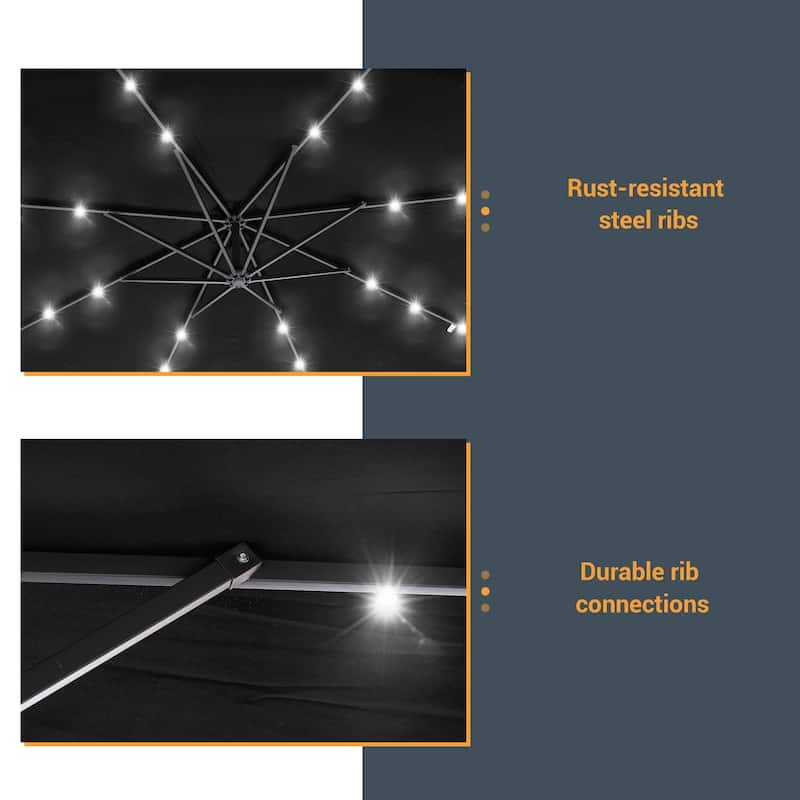 10Ft LED Patio Offset Umbrella Hanging Circle Umbrellas,w/Cross Base