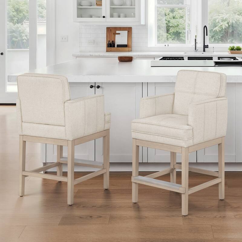 27.2" Modern Upholstered Solid Wood Shelf Counter Height Bar Stool - 22.4" W x 20.6" D x 40.2" H - Set of 2 - Linen