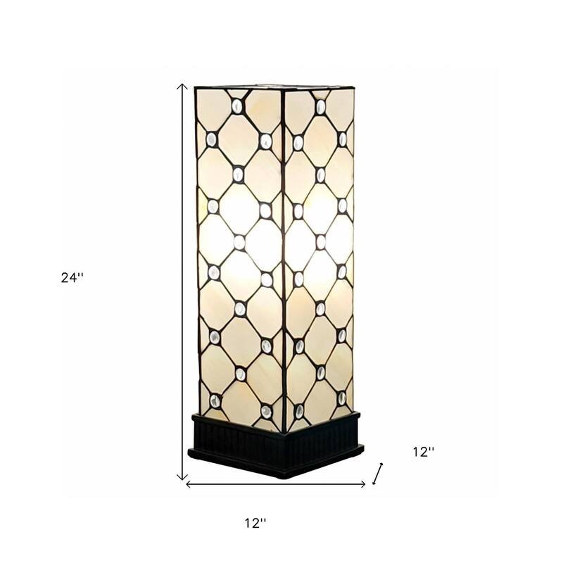 Dark Brown Resin Table Lamp with Black Off-White Stained Glass Drum Shade - 12” x 12” x 24” (D x W x H)