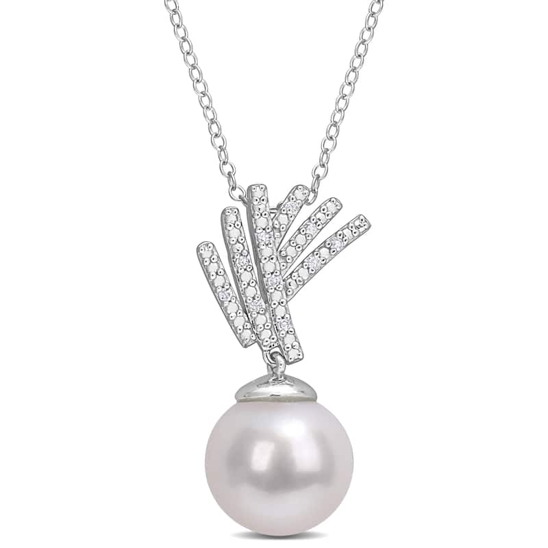 Miadora 11-12mm Cultured Freshwater Pearl and Diamond Accent Drop Sterling Silver