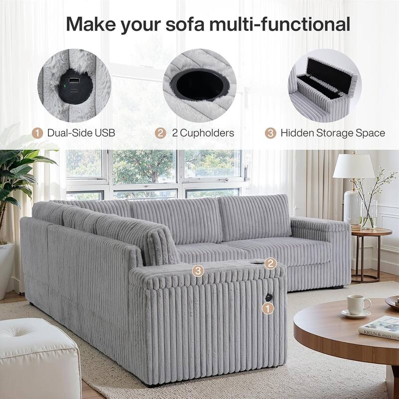 109.5" L-Shaped Sectional Sofa, Modular Corduroy Couches for Living Room, 5 Piece, Light Gray
