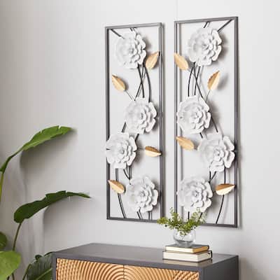 White Metal Floral Wall Decor with Black Frame (Set of 2) - 12 x 2 x 36