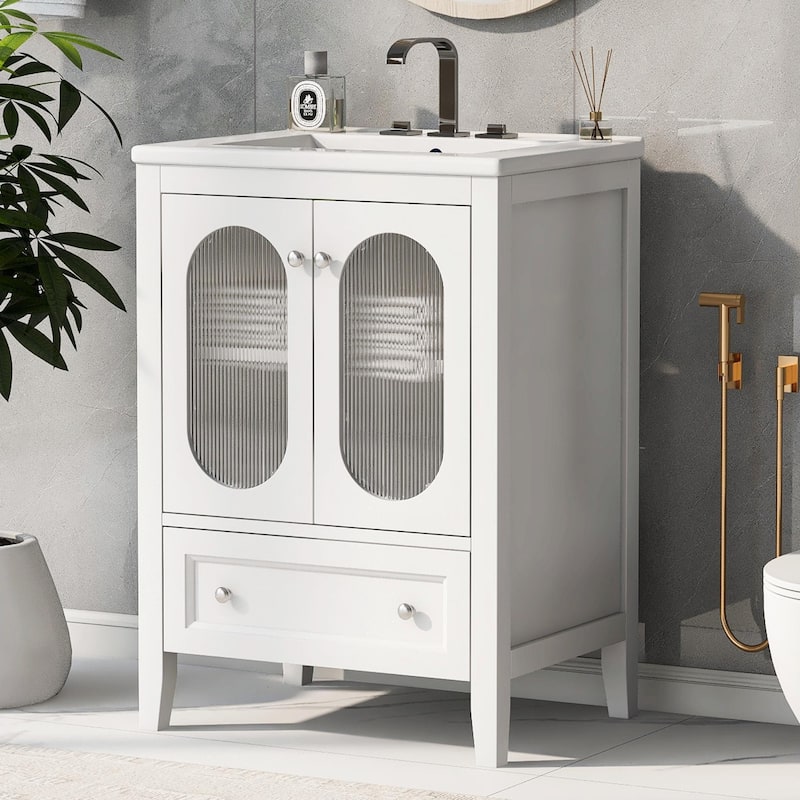 24" Bathroom Vanity with Sink - Cabinet with One Drawer, Doors, Adjustable Shelf - Painted - Single Vanities - White