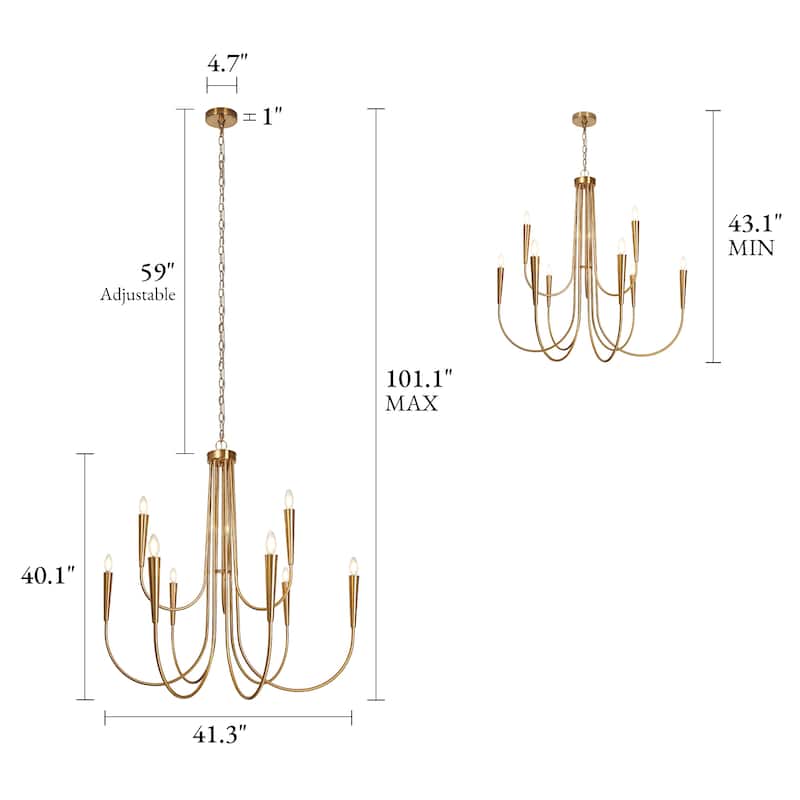 Mid-Century Modern 9-Light Gold 41.3 IN Chandelier Classic Hanging Light for Living Dining Room - D41.3" x H40.1"