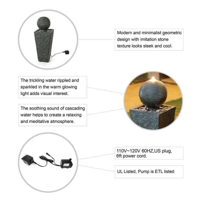 Demta Floating Pedestal Sphere Polyresin LED Garden Fountain with Pebbles by Havenside Home