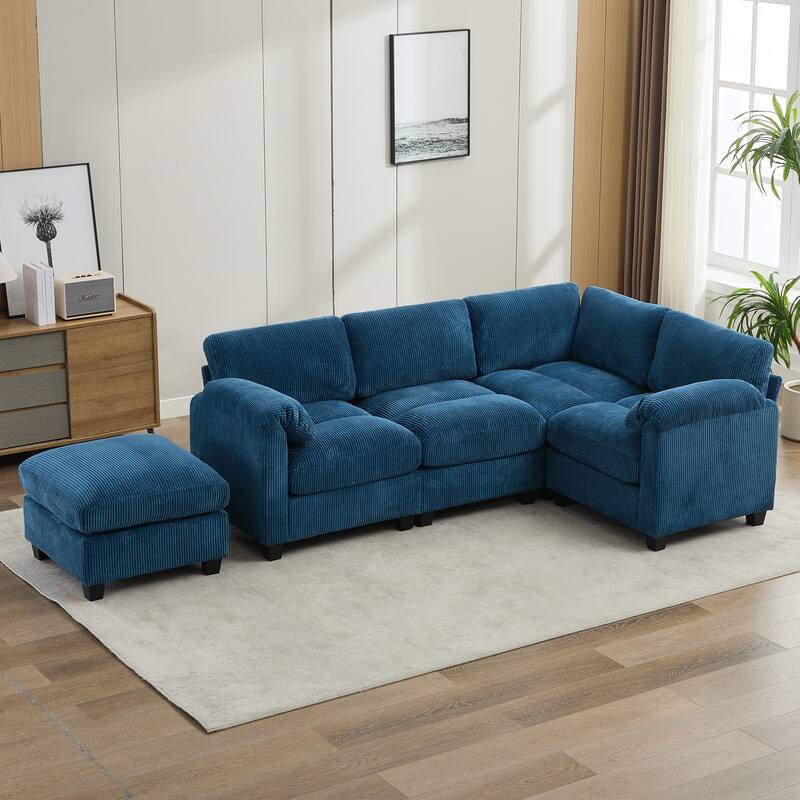 5-Seater Corduroy Sectional Sofa, Removable Ottoman, Modular Design